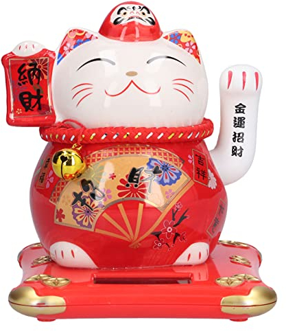 6 Zoll Glückskatze, Keramik-Winkarm Glückskatzen-Ornament, Glückliche Begrüßungskatze, Viel Glück Chinesische Feng-Shui-Dekoration für Zuhause Schlafzimmer Auto Büro(rot)