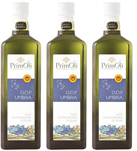 Olio extra vergine d'oliva DOP UMBRIA PrimOli dalle colline centrali dell'Umbria, intensamente fruttato, ideale usato a crudo su minestre di legumi, piatti alla griglia e pinzimoni aromatici, 3x500 ml