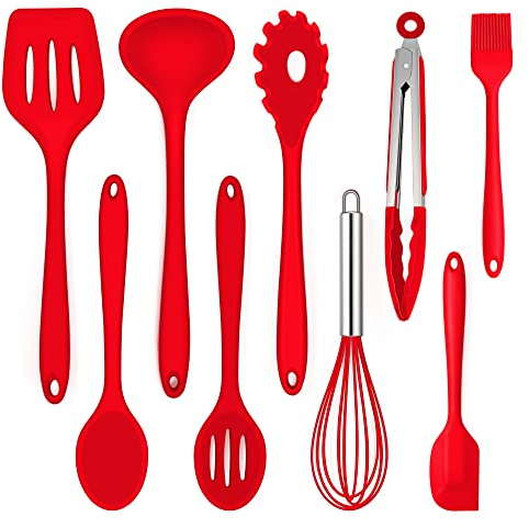 Joyfair Juego de 9 utensilios de cocina de silicona, resistentes al calor, juego de utensilios de cocina con espátula, batidor, pinzas de barbacoa, antiadherentes, para cocinar y hornear, color rojo