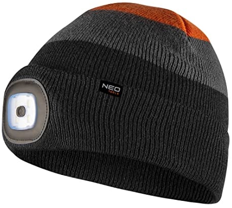NEO TOOLS LED Mütze mit Licht, LED-Taschenlampe, Beleuchtete, 100% Acryl, max 180 Lumen, eingebautem Akku und USB-Ladeanschluss, wasserdicht, Stirnlampe (schwarz-grau-orange)