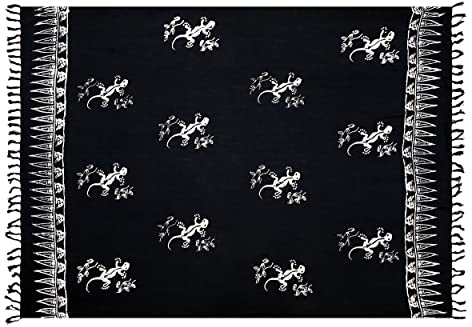 Pareo Sarong Strandtuch Damen - Wickelrock Strand - Handtuch Blickdicht als Wickeltuch oder Handtuchkleid und Wickelkleid Damen - Handarbeit aus Fair Trade Herstellung Batik Schwarz Gecko
