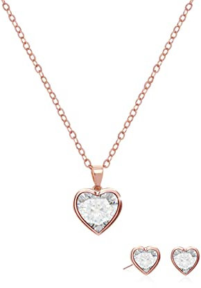 Women's Jewellery Set, Rose Gold Plated Crystal Heart Necklace and Rose Gold Crystal Heart Stud Earrings Set, Mother's Day Birthday Valentine's Day Gift.