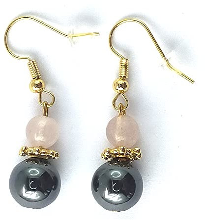 Coppia di orecchini in vera pietra con ematite e giada verde. Montaggio placcato oro, chiusura con ganci americani e chiusure in silicone in omaggio, PIETRE, HEMATITE