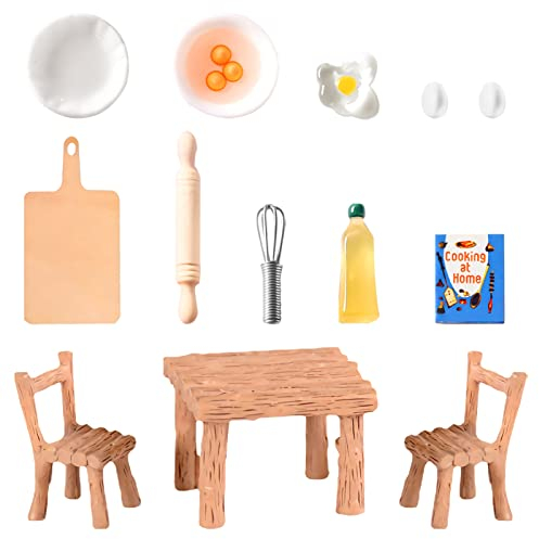 TOPJOWGA Miniatur Puppenhaus Set, 13 Stück Puppenhaus Zubehör, Miniatur Backset Miniatur Kuchen Puppenhaus, Miniatur Eier Nudelholz Miniatur Tisch, Mini-Ornament Puppenhaus Dekor