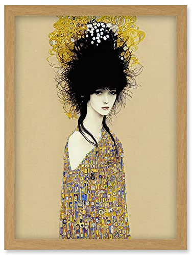 Wee Blue Coo Woman in Klimt Style Dress Gold Black Painting Artwork Framed Wall Art Print A4