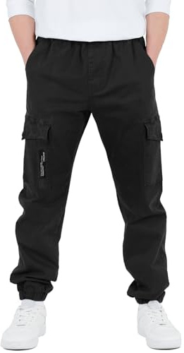 CAMLAKEE Pantalones para Niños - Pantalón Cargo Slim Fit de Algodón - Pantalones Joggers con Cintura Elastica, Negro, 14-16 años/Talla 180