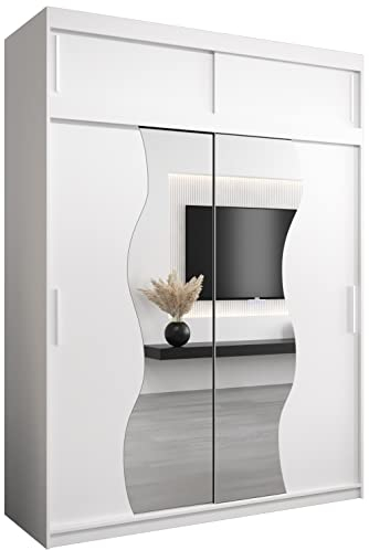 KRYSPOL Schwebetürenschrank Madryt 180 cm mit Spiegel Kleiderschrank mit Kleiderstange und Einlegeboden Schlafzimmer- Wohnzimmerschrank Schiebetüren Modern Design (Weiß mit Erweiterung)