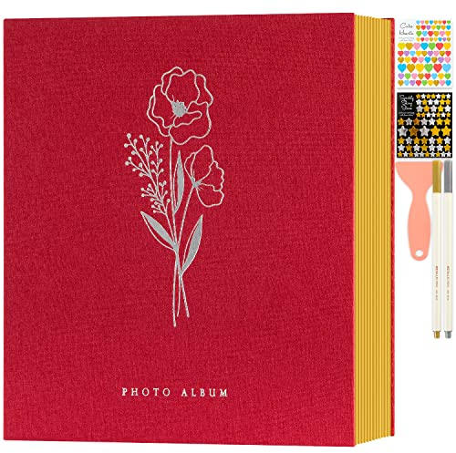 Lanpn Fotoalbum Selbstklebend Einkleben Scrapbook, Leinen Groß Weiße Seiten Fotobuch zum Selbstgestalten mit Metallischer Stift 10x15 13x18 A4 A5 Bilder (Große,40 Blatt/80 Seiten,Rot)