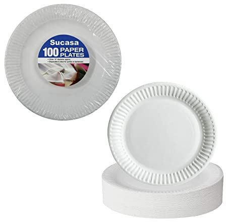 Sucasa 100 White Paper Plates 9 inch/23cm Quality Durable Plates Ideal for Hot and Cold Food Disposable Dishes Kids Parties Wedding Baby Shower Catering