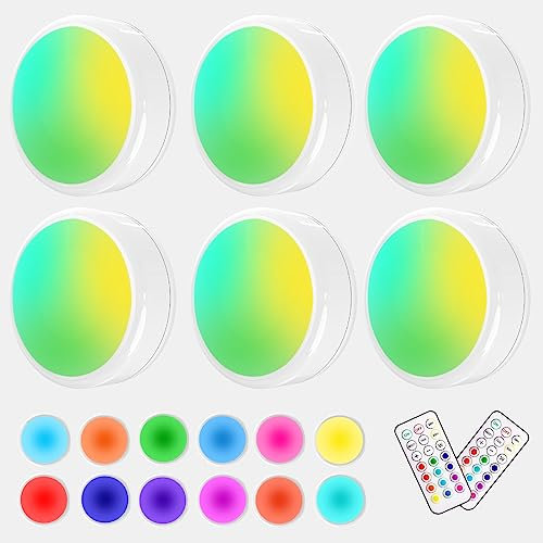 HELPLEX Under Cabinet Kitchen Lights, 6 Pack Dimmable Battery Powered LED Puck Lights with Remote Control, White