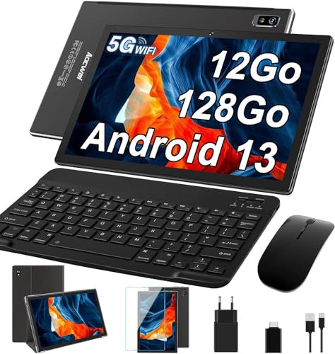 AOCWEI X900 Android 13 Tablette 10 Pouces Octa-Core Tablette, 12Go RAM + 128Go ROM (512Go TF) Support 5G WiFi |8000mAh Batterie |Caméra 8MP + 5MP |2.0Ghz |Tablettes avec Clavier et Souris-Noir