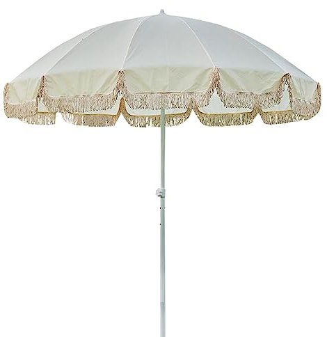YAERLE Beigefarbener Fransenschirm, Boho-Strandschirme, Terrassen-Gartenschirm mit Fransen, beigefarbener Quastenschirm, 12 stabile Rippen, for Garten, Strand, Pool (ohne Sockel)