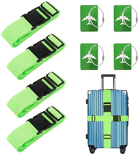 Koffergurt Kofferband, Kofferbänder rutschfeste, 4 Stück Einstellbare Gepäckgurt Mit 4 Farben Kofferanhänger, Auffällig Luggage Strap für Koffer, Grün