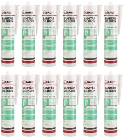dubaust SAB24 Lot de 12 tubes de silicone sanitaire basique, élastique, résistant à l'humidité et à la moisissure, pour salle de bain, cuisine, douche, pièces humides, cartouche de 300 ml, blanc