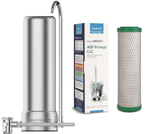 Auftischfilter HW-ATFS-02 Edelstahl mit Alvito CLC Wasserfilter | Mit Kalkschutz, EM-Keramik zur Geschmacksverbesserung, Bakterienfilterung, sehr schönes und edles Filtergerät