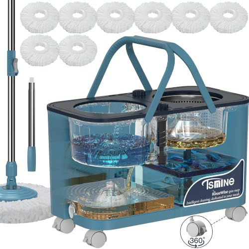 Schleudermopp und Eimersystem, trennt schmutziges und sauberes Wasser, 4-Kammer-Design, Mopp und Eimer mit Auswringer-Set, Nass- und Trockengebrauch, Beste Bodenreinigungswerkzeuge für Zuhause mit 8