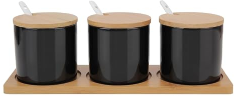 Yhuasia 3 Pcs 230ml Céramique Sucrier Rond Seasoning, Pot Gros Sel, Pot a Epices, Boîte Avec Cuillère et Couverture de Bambou（Noir