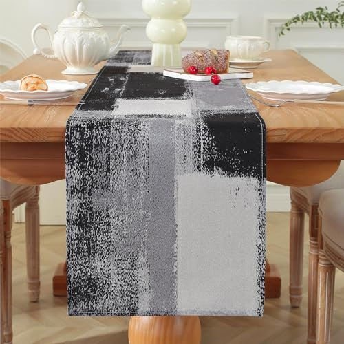 Tischläufer Abwaschbar Tischläufer Modern Frühling Ölgemälde Abstrakte Kunst Leinen Deko Tuch für Couchtisch, Weihnachtsfeiern,Hochzeiten,Drinnen Draußen Party 40x140cm,Schwarz und Grau