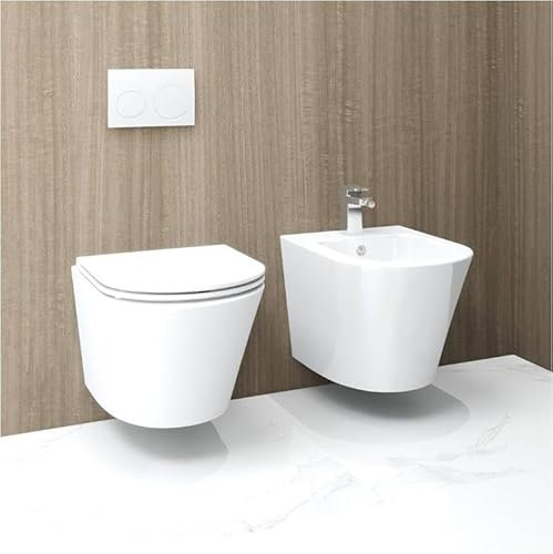 Combo WC+Bidet Suspendido Alicante Rimless de tapa-asiento extra slim con caída amortiguada salida a la pared fijaciones incluidas sin cisterna ni pulsador