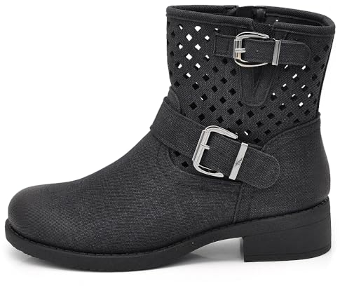 IF Fashion Stivali Stivaletti Biker Motociclista da Donna Traforato Con Fibbie Primaverili Estivi Pelle Sintetica Effetto Jeans GR-6656 Nero N.38