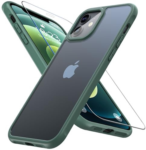 Cum2giff Matte Case for iPhone 12/iPhone 12 Pro 6.1 inch,with Tempered Glass Screen Protector,Military Grade Drop Shockproof Protection,Slim Translucent Case for iPhone 12/12 Pro Green