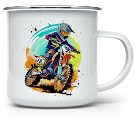 MAXIKIWI Langlebige Emaille-Kaffee- oder Tee-Camping-Tasse für drinnen und draußen, Motocross-Reiter-Aquarell, 350 ml