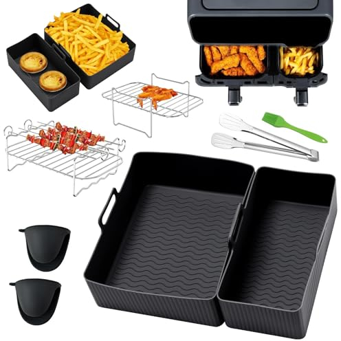 Camiraft Dual Air Fryer Accessoires pour Moulinex EZ9018 5,2/3,1 L,Tefal EY901840,Tower T17099 Salter Lakeland,8PCS avec moule en silicone pour friteuse à air, Air Fryer Rack - Noir