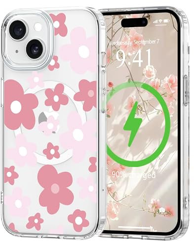 L-FADNUT Magnetic for iPhone 15 Case, Compatible with Magsafe Floral Pattern Design, Clear Girly Flower Cover Slim Bumper Shockproof Protective Phone Case for iPhone 15 Pink