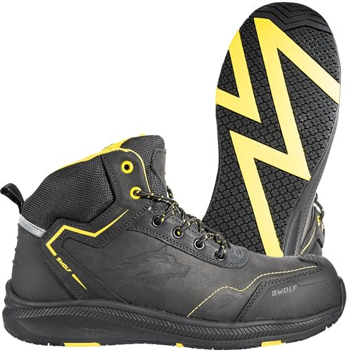 BWOLF Phoenix Arbeitsschuhe Herren S3 High Sicherheitsschuhe Herren S3 Nabuk wasserdicht, rutschhemmend 4x4 Grip Tech, Ergo Sohlen (Schwarz/Gelb, EU Schuhgrößensystem, Erwachsene, Numerisch, M, 43)