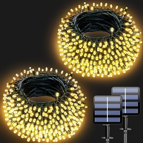 2 Pack 20M Guirnaldas Exterior Solar, Guirnalda Luces Solares con 8 Modos | Batería de Larga Duración, IP65 Impermeable, Luz Solar Exteriors para Jardín, Patio, Navidad, Boda, Fiesta, Blanco Cálido
