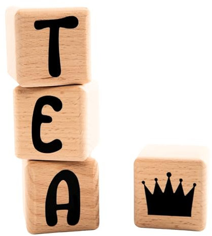 Holzwürfel, 5 cm x 5 cm, Set mit 4 Würfeln mit Aufklebern, schwarz – Buchstaben aus Holz, große Größe, personalisierbar, Dekoration für Baby- und Kinderzimmer, Geschenk zur Geburt und personalisiertes