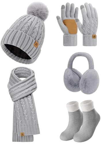 Niwicee Mütze Schal Damen Fleece Gefütterte Wintermütze Winter Wärmer Touchscreen Handschuhe Strickmütze Set Ohrenwärmer Socken 5 Stücke Set Gestrickte Warm Beanie Winter Geschenk (Hellgrau)