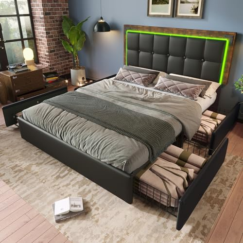 Ctastay Polsterbett Doppelbett 140x200 cm mit LED, Stauraumbett Bett mit 4 Schubladen Stauraum, Bettrahmen mit Lattenrosten und Verstellbarem Kopfteil, Funktionsbett, PU, Schwarz (Ohne Matratze)