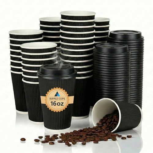 Nationwide Paper 16oz (475ml) Insulated Takeaway Cups with Lids Black Triple Wall Ripple Disposable Paper Cups for Hot Drinks, Large Coffee, Latte, Cappuccino & Tea, Catering Use (Pack of 200)