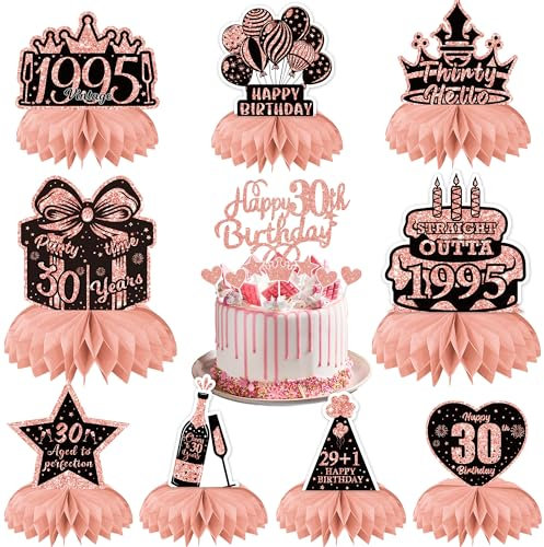 30th Birthday Table Decorations for Women - Rose Gold Party Honeycomb Centerpieces Cake Toppers Supplies, 17 Pieces Cheers to 30 Years Vintage 1995 Decor Happy 30th Birthday