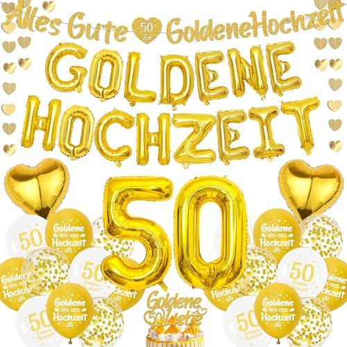 Goldene Hochzeit Deko Luftballons Girlande - Gold Hochzeitstag Folienballon Banner und Tortendeko, Garlande Zahl Ballons zum 50. Jubiläum Hochzeit Party Dekoration