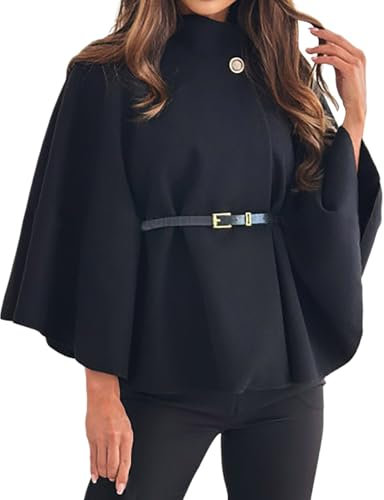 Bauzuoyo Damen Umhang Elegant Winter Poncho mit Fledermausärmeln und Gürtel Einfarbig Rollkragen Poncho mit Knopfleiste Kurz Wollmantel Locker Mode Freizeit Outdoor-Wärmeschal Tuniken