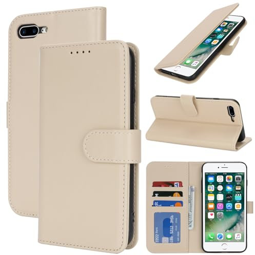 Zouzt Hülle für iPhone 8 Plus / 7 Plus 5,5-Zoll, Stoßfestes PU Leder Handyhülle Lederhülle Klapphülle mit Kartenhalter und Standfunktion Flip Leather Wallet Phone Cover (Beige)