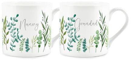Nanny & Grandad Mug Set - Ferns & Greenery Garden Themed Gifts for Grandparents Bone China Mugs Set of 2 - Tea/Coffee Hot Drinks Cups Present