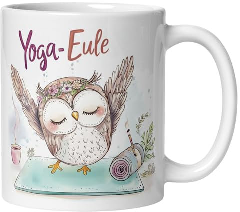 Tasse Eule | Eule beim Yoga | Lustige Eulen Tasse mit Motiv | Eulen Geschenk für Eulenliebhaber | Becher für Yoga und Sport Fans
