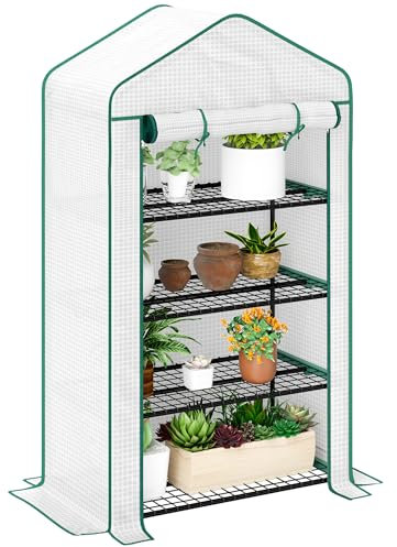Outsunny Serra da giardino in PE con ripiani, 4 livelli, serra da balcone, telo rinforzato 135 g/m², telaio in acciaio, porta con cerniera avvolgibile, per ortaggi piante fiori, 90 x 49 x 160 cm,