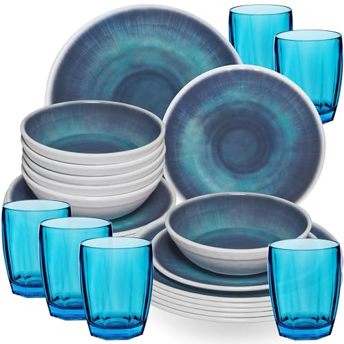 Melamin Geschirr Set Jesolo Blau für 6 Personen Wohnwagen Camping Picknick