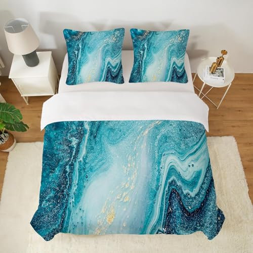 HOMHOMHA Marmor Bettwäsche 200x200 3D-Druck Bettwäsche-Set Blauer Marmor Bettbezug 200x200cm und 2 Kissenbezüge 80X80cm Geschenk zum Geburtstag Weihnachten