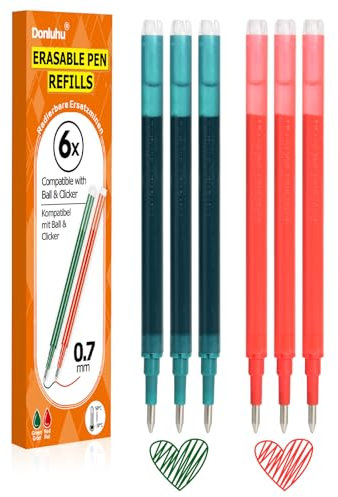 Donluhu Radierbare Ersatzminen [3 Rot und 3 Grün, 6er Pack, 0.7mm] Kompatibel mit Pilot FriXion Ball & Clicker & Eberhard Faber Animal Erase Stifte, Ersatzmine für Gelstift radierbar