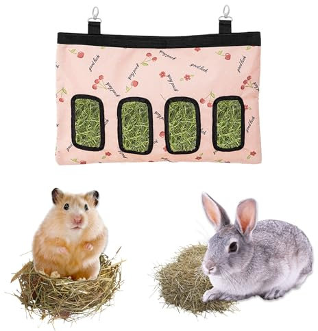 1 Stück Kaninchen Heutasche, Meerschweinchen Futterstation, Futterspender Kleintiere, 4 Löcher Hängender Heutasche, Kleintiere Heutasche, Futtersack für Hase Chinchilla Hamster Kleine Tiere, Rosa