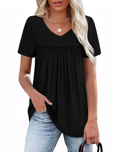 Aokosor T Shirts for Women Summer Tops Ladies Blouses Short Sleeve Pleated Dressy Casual V Neck Loose Tee