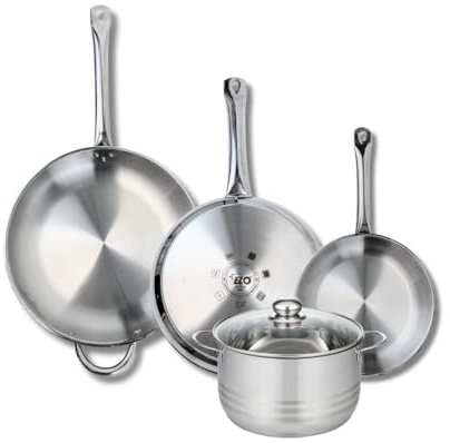 ELO 9884850 Kochgeschirr-Set, 4-teilig, 3 Bratpfannen 24, 28 und 32 cm und 1 Kochtopf 20 cm Elo Profi, glänzend, Edelstahl, Induktion