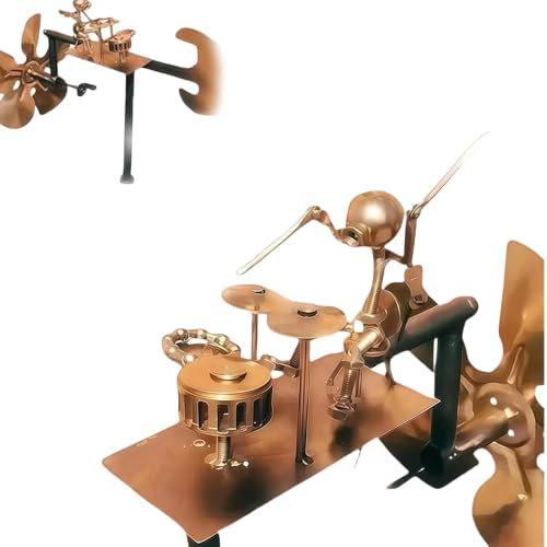 Handcrafted Metal Drummer Windmill Garden Sculpture – Weatherproof Spin Art, Steampunk Design for Outdoor Decor