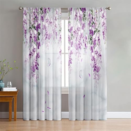 Odot Halbtransparente Vorhänge Wohnzimmer, 3D Blume Muster Voile Gardinen mit Stangentaschen 2 er Set Gardinenvorhang Fensterschal Vorhänge Fenster für Schlafzimmer (Glyzinienblüte A,140x160cm)