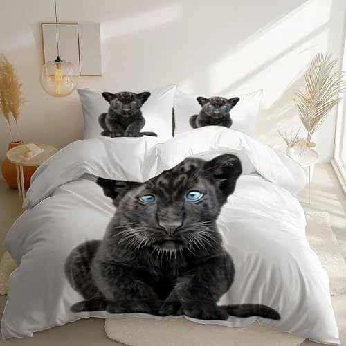 Bettwäsche Realismus Black Panther Cub Blaue Augen Waschbar Bettzeug 3teilig Bettwäsche Set 135 x 200 cm Mikrofaser mit Reißverschluss, 2 Kissenbezüge 80x80 cm Elfenbein